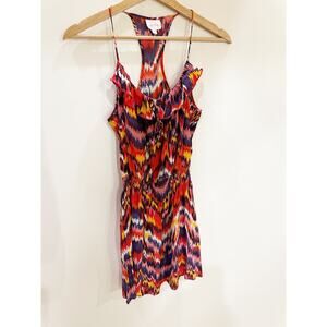PARKER 100% Silk Multicolor Tie-Dye Ruffle Top Racerback Spaghetti Strap Dress